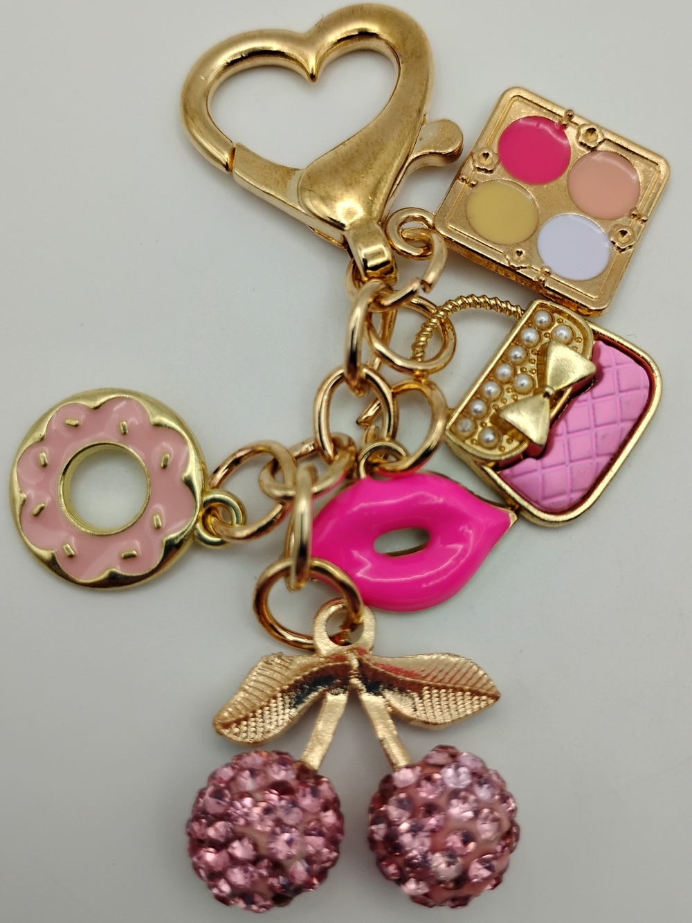 Gold-tone Pink Cherry & Charm Keychain with Lip and Donut Charms BNWOT - Picture 2 of 5
